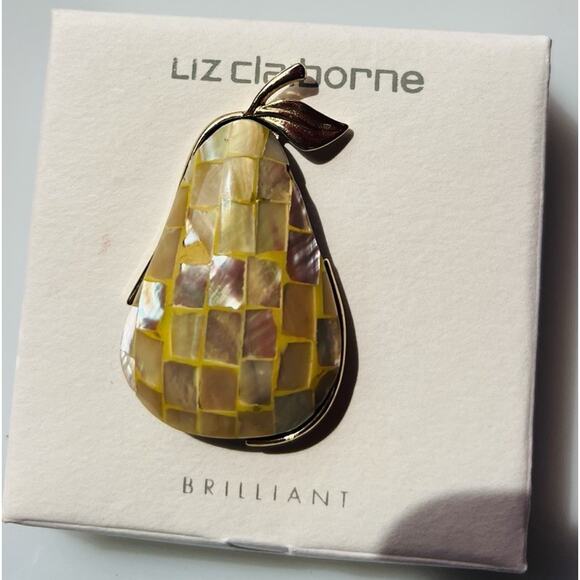 Liz Claiborne Gold Toned Mother Of Pearl Mosaic Pear Brooch 1 7/8 x 1 1/8" #92w - Picture 5 of 5
